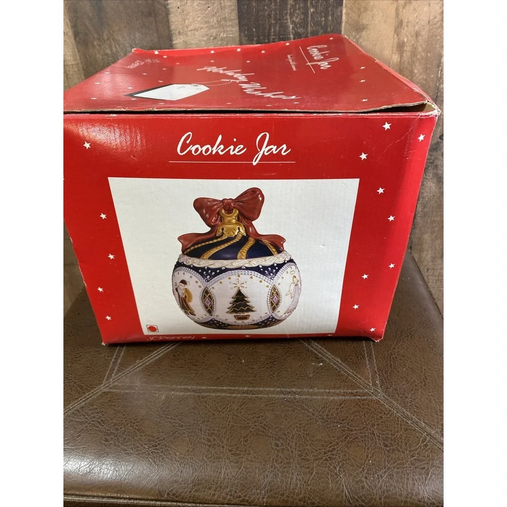 JCPenney Christmas Cookie Jar With Bow Top Christmas Trees Angels Gold Trim Vtg